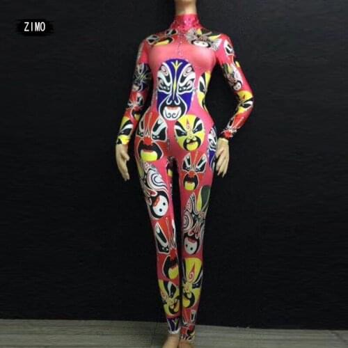 Women Sexy Jumpsuit Women Spandex Chinese Style Printing Peking Opera Nightclub Bar Party Pole Dance Stage Performance Costume