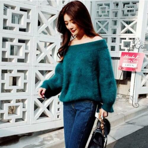 2020 Womens Long Sleeve Autumn Winter Warm Sweater One Shoulder Loose Sexy Solid Color Lantern Sleeve Casual Fashion Trend