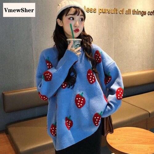 VmewSher New Strawberry Knitted Sweater Women Pullover Winter New Loose Thick Warm Jumper Casual Korean Sweet O-neck Autumn Tops