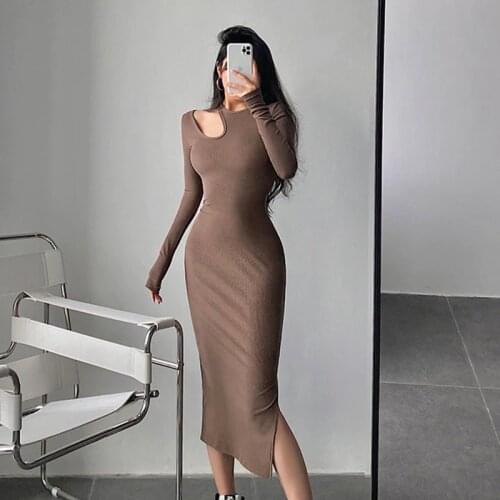 TVVOVVIN Korean Crew Neck Hollow Out Off Shoulder Skinny Sexy Dress Women Solid Color Knee-length Split Dresses KREA