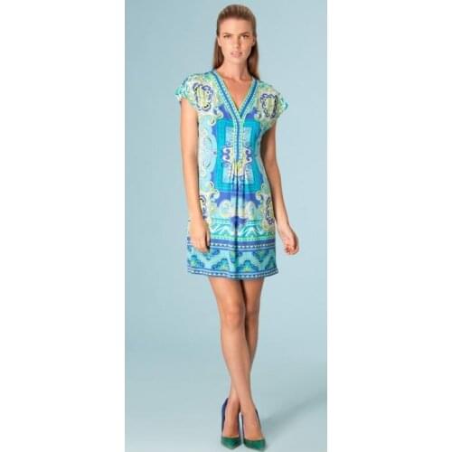 Vestido Women Dress Spring And Summer Fresh V-neck Print Short-sleeve Slim Elastic Needle Woven Pattern One-piece Dress