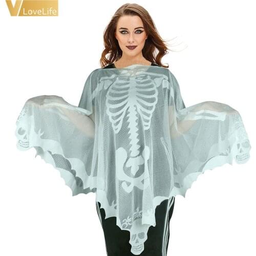 Halloween WomenPoncho Shawl Skeleton Lace Gift Photography Prop Halloween Holiday Soft Exquisite Loose Cape Poncho Party Costume