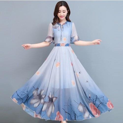 Vestidos Dress Women Chiffon Floral Print Summer Short Sleeve Long A-line Plus Size Sukienki Party Beach Ropa Mujer 3569