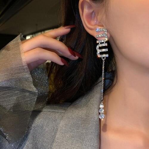 2021 ins Hot Brand Korean Charm Tassel Crystal Letter M Drop Earrings for Women Fashion Long Silver Color Earring Luxury Jewelry