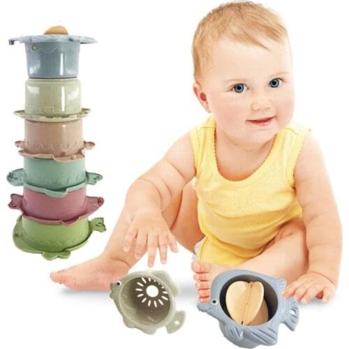 6 PCS Baby Stacking Cup Bath Toys Children Sandy Beach Animal Toys Rainbow Color Stacking Ring Tower Toys Early Educational Toy
