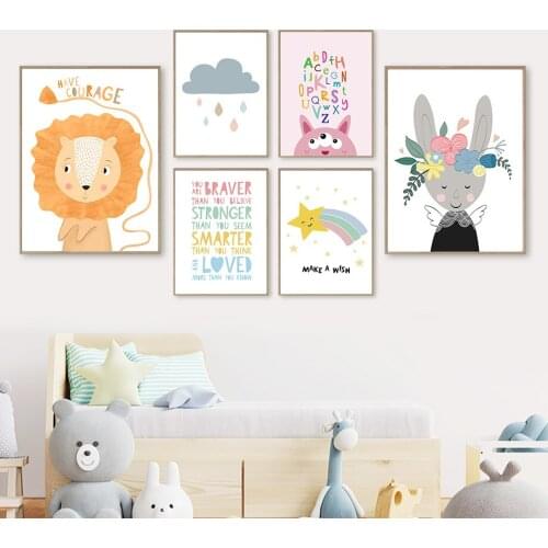 Colorful Wall Art Canvas Painting Alphabet Lion Elephant Rabbit Rainbow Nordic Posters And Prints Decor Pictures Kids Room Mural