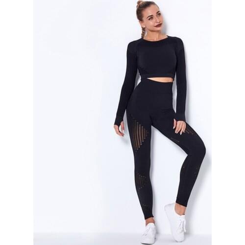 Hollow Out Seamless Yoga Set Sport Outfits Women Black Two 2 Piece Crop Top Bra Leggings Workout Gym suit Fitness Sport Sets