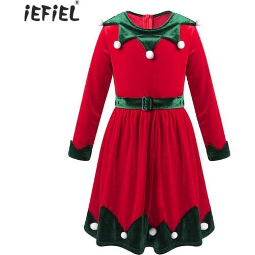 Kids Girls High Waist Christmas Costume Soft Velvet Long Sleeves Clown Collar Back Zipper Pom Poms Trim Swing Christmas Dress