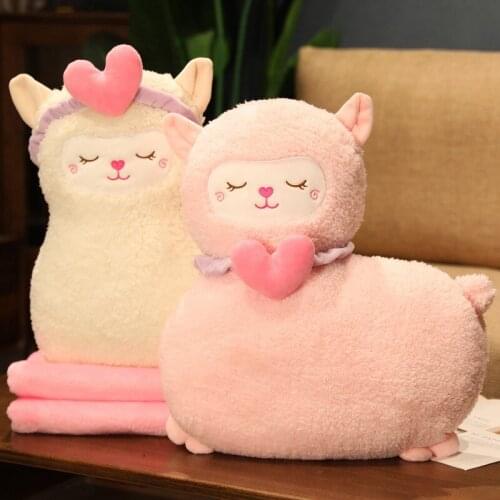 Kawaii Heart Headband Alpaca Plush Toys Stuffed Cute Lamb Doll Animal Pillow With Blanket Soft Nap Cushion for Kids Girls Gift