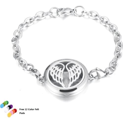 KLH3012 Waterproof Stainless Steel Essential Oil Diffuser/Aromatherapy Bracelet Angel Wing Locket Bracelet Free 12 color Pads