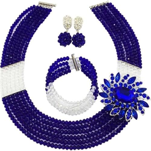 Royal Blue Transparent Crystal Beaded Nigerian Wedding Beads African Necklace Bridal Party Jewelry Set for Women 6C-SS032
