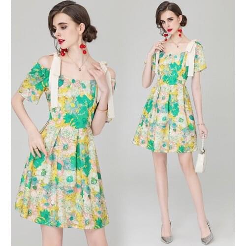 Summer New Womens Fashion Slim-Fit Oil Painting Printed Printed off-Shoulder Sleeveless Lace-up Dress