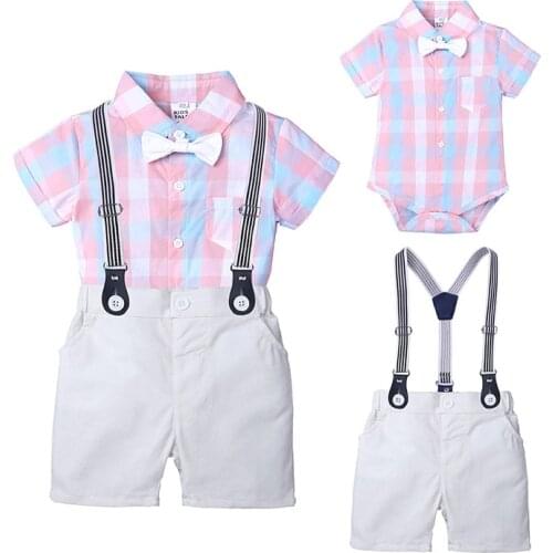 Summer Boy Suit Gentleman Costume Plaid Bow Tie Romper Baby Kids Short Sleeve Leotard Strap Shorts 2PCS