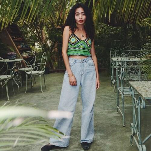 Summer Womens Crop Top Pure Cotton Knitting Green Wool Checkered Camisole Sling Vest