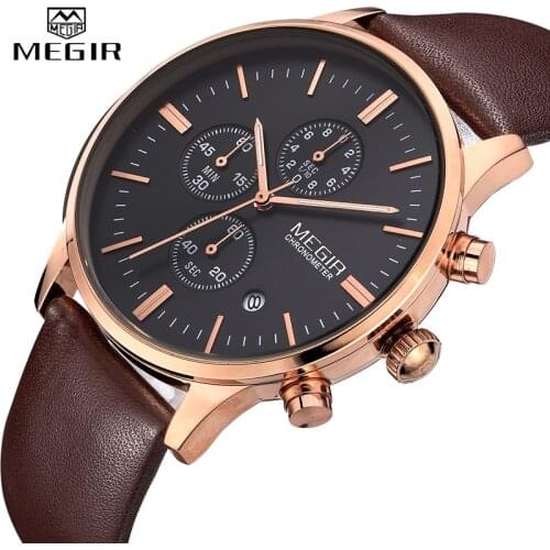 MEGIR Luxury Casual Men Watches Leather Strap Quartz Chronograph Top Brand Watch Military Sport Men relogio feminino Waterproof