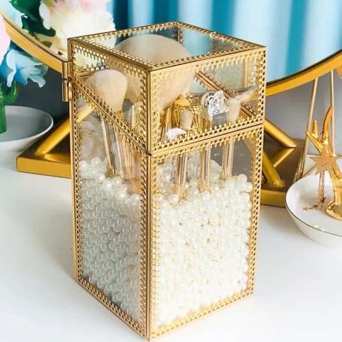 Fashion Gold Glasses Makeup Brush Organizer Transparent Make Up Storage Box Pen Pencil Holder Case Cosmetic Brush Holder