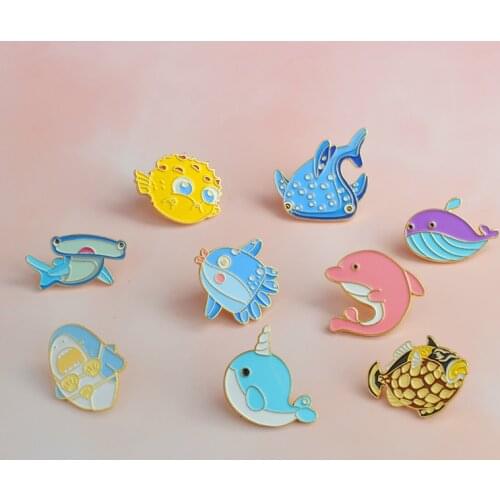 Cartoon funny cute shark whale dolphin narwhal Enamel brooch Lapel pin Denim clothes Shirt Buckle Badge Fashion Gift for Kids