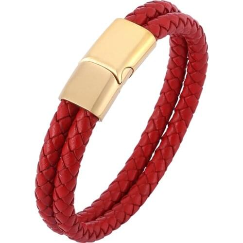 Punk Red Double Braided Leather Bracelet Man Fashion Men Jewelry Stainless Steel Magnetic Clasp Male Wristband Gifts PD0505