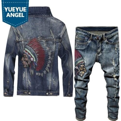 Spring Newest Fashion Mens Sets Vintage Embroidery Punk Style Long Sleeve Campera Hombre Hole Ripped Denim Pants Man Suit