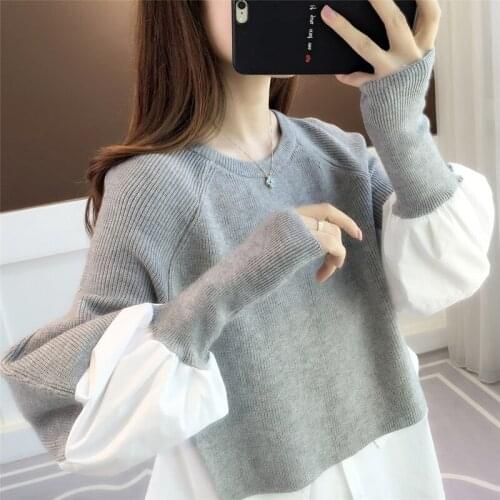Autumn Stitching Knitted Women New Style Fashion Fake 2-piece Sweater Coat Women O-neck European Casual Tops Patchwork Sweaters
