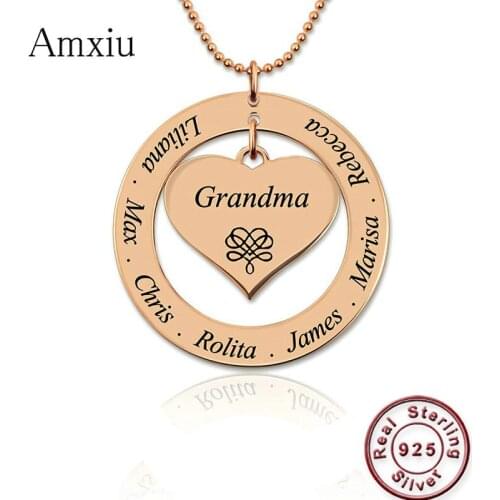 Amxiu Personalized 925 Silver Necklace Engrave Name Grandma Mom Souvenir Jewelry Heart Pendant with Kids Names Mothers Day Gift