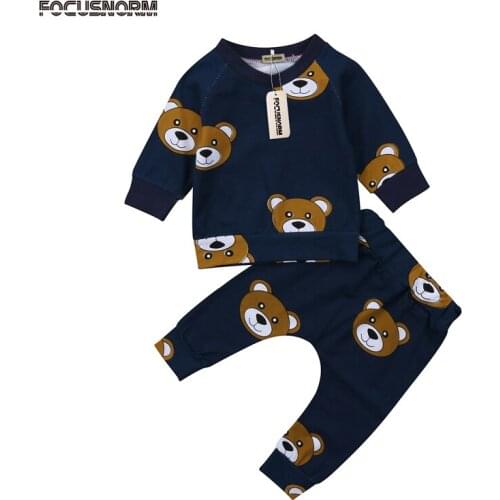 Toddler Baby Girls Boys Fashion Casual Lovely 2PCS Long Sleeve Pullover Bear Print Sweatshirt Tops Pants Outfit Spring Fall