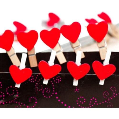 Sale Hot 10Pc Portable Cute Mini Romantic Love Red Heart Wooden Clip Clothespin Postcard Clip Home Wedding Decoration Stationery
