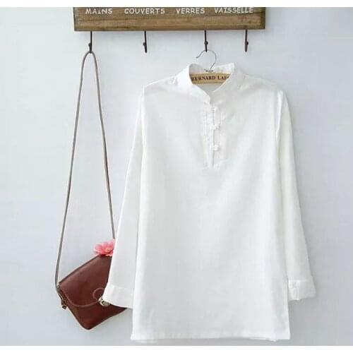 Chinese Style White Plaated Button Cotton Linen Shirt Blouse Women Loose Long Sleeved Spring Casual Vintage Loose Simple Blusas