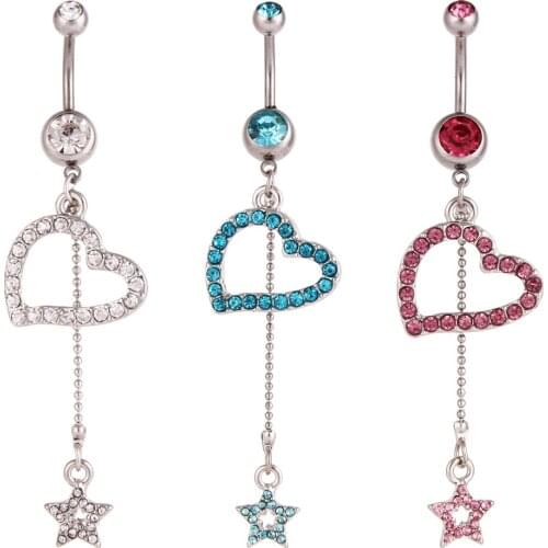 New Fashion Silver-color Navel Piercing Belly Button Ring Surgical Steel Crystal Heart Star Dangle Belly Piercings Body Jewelry