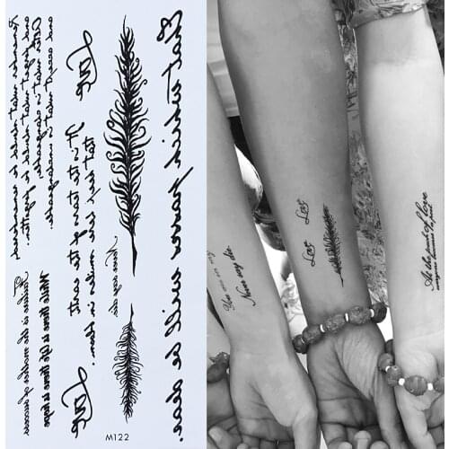 Temporary English Word Tattoo Stickers Black Letters Feather Body Art Tattoos Sticker Waterproof For Temporary Tattoos