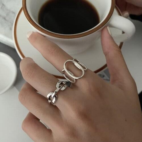 XIYANIKE 925 Sterling Silver Korean Retro Geometric Oval Hollow Ring Female INS Minimalist Temperament Line Jewelry Couple Gift