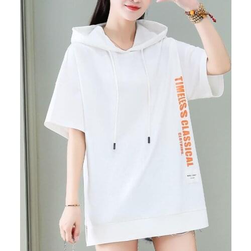 Women Summer Sweat Shirt 2021 New Loose Large Size Cotton Sweat Shirt Female Hooded Short sleeve Tops 4XLD942