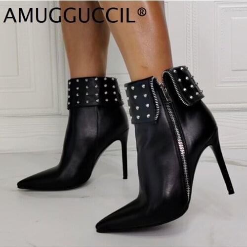 Customize 2021 New Plus Big Size 36-43 Black Zip Rivets Fashion Sexy High Heel Autumn Winter Lady Female Ankle Women Boots X2055