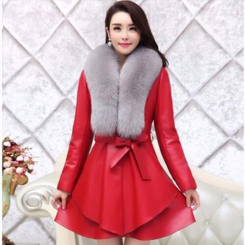 Leather womens mid-length plus cotton jacket Slim and thin PU fur imitation fox fur collar oversized silver fox fur