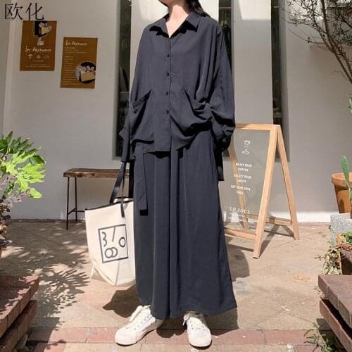 Plus Size Solid Black Women Sets Long Sleeve Office Lady Tops Shirt Vintage Loose Long Pants Sets Suit Femme Summer Autumn 2020
