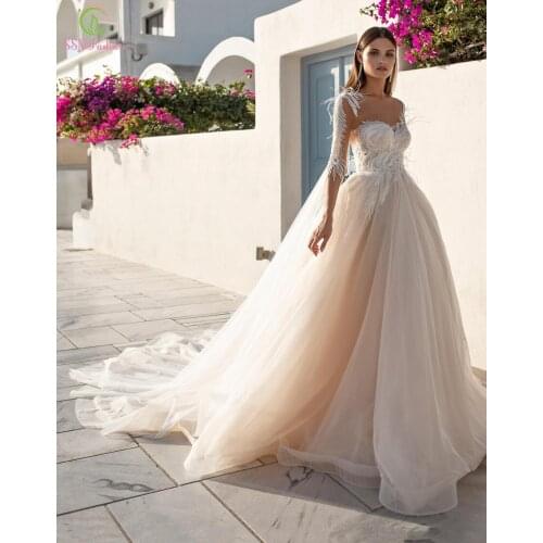 SSYFashion New Luxury Evening Dress Beach Sexy Backless Long Sleeve Appliques Feathers Bride Prom Formal Gown Vestidos De Noche