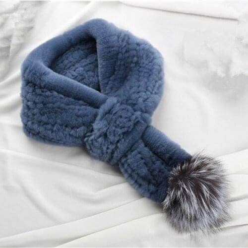 Winter Korean Version Of Mao Mao Scarf Real Rex Rabbit Fur Knitted Women Fall Collar with Gray Genuine Silver Fox Pompom Q3