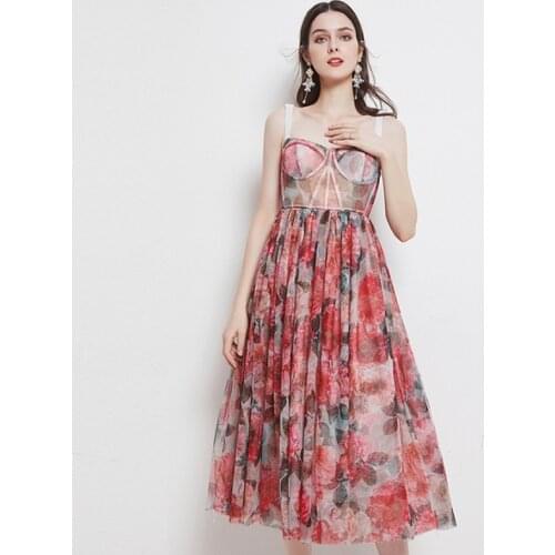 2021 Summer Runway Dresses Elegant Women Multicolour Retro Flower Print Spaghetti Strap Boho Long A Line Party Dress Sundress