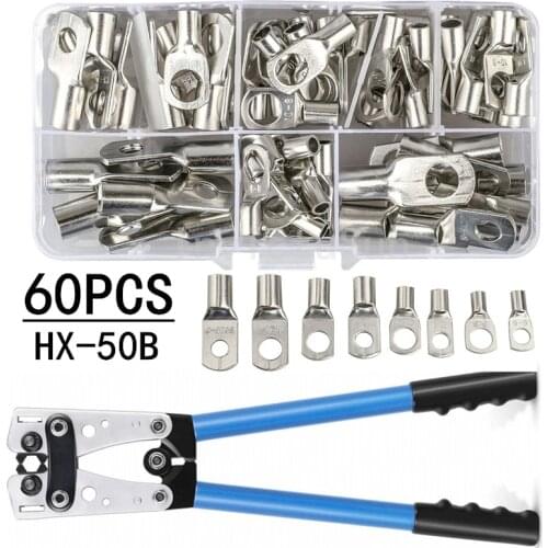 60pcs Copper Ring Terminals HX-50B Cable Lug Crimping Tool Set Wire Lugs,Battery Terminal,Copper Lugs 6-50mm2 1-10AWG