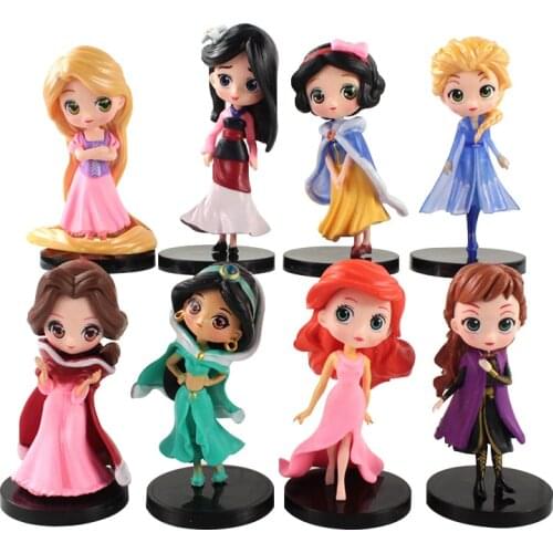 9-10cm 8pcs/Lot Q Posket Princess Snow White Anna Elsa Tangled Aladdin Mulan Rapunzel PVC Action Figures Collectible Model Toys