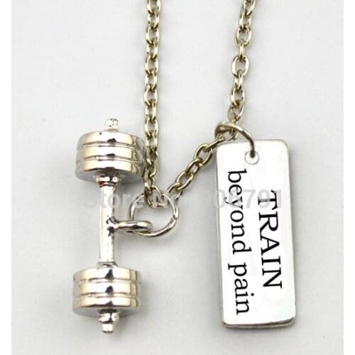 Fitness Weightlifting Gym necklace Free Shpiping 10pcs a lot sport Dumbbell barbell weight and TRAIN beyond pain charms necklace