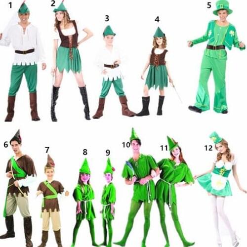 Halloween cosplay costume party dress Green elves Peter pan Role-playing apparel hunter costume Kids adult performance clothing
