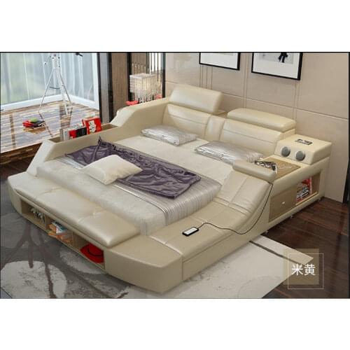 Genuine leather bed frame Soft Beds massager storage safe speaker LED light Bedroom cama muebles de dormitorio / camas quarto