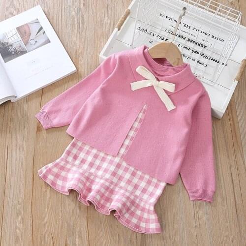 Fall Kids Clothing for Girls Bow Tie Knit Sweater Top&plaid Sleeveless Dress Fashion Toddler Children Clothes Warm Outfits