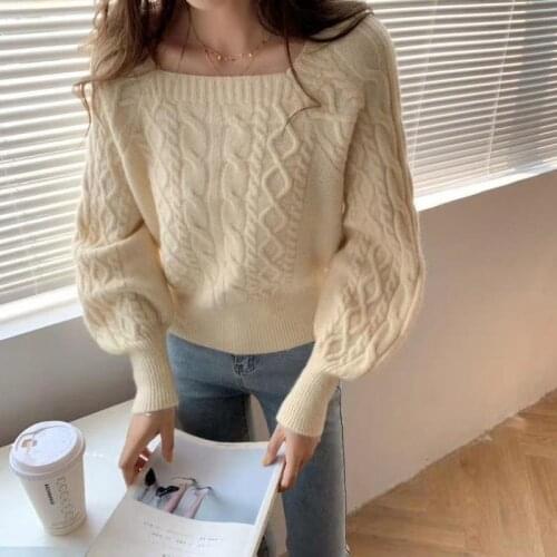 Casual Loose-fitting Square-neck Pullover Ladies Pink Knit Sweater Short Tops Womens Wild Spring Autumn And Winter Korean Top