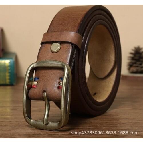 Thicken Pure Copper Pin Buckle Handmade Belt Mens Genuine Real Leather Top Layer Vintage Waist Band Strap Male Youth Jeans Belt