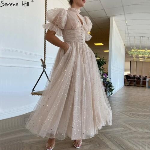 Serene Hill Champagne A-Line Sparkle Evening Dresses 2021 High Neck Puff Sleeves Ankle Length Formal Dress LA70694