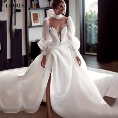 LORIE Princess Wedding Dresses Puff Long Sleeve A Line Lace Bride Dresses Side Split White Ivory Wedding Ball Gown