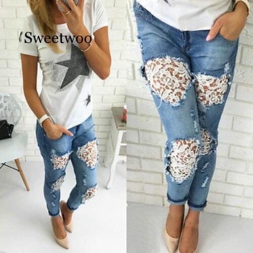 Spring Womens Lace Stitching Denim Sexy Ripped Jeans With Holes Jean Crochet Trousers Summer Destroyed Women Pants Korean