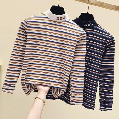 Fashion New Letter Embroidery Striped T Shirt Women 2021 Long Sleeve Tops T-Shirts Half Turtleneck Fall Clothes Tee Shirt Female